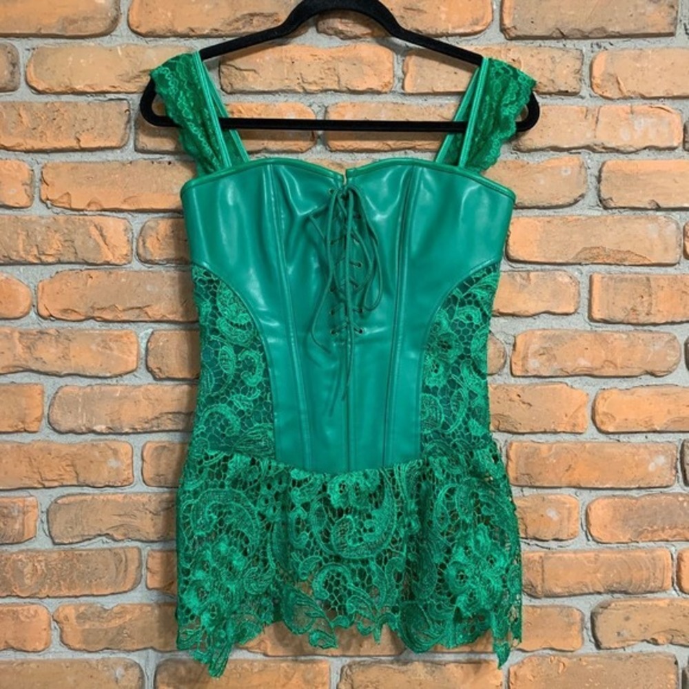 KIMRING‎ Corset Top Lace Up Bustier Lace Trim Green Party Top Fairy Size Large